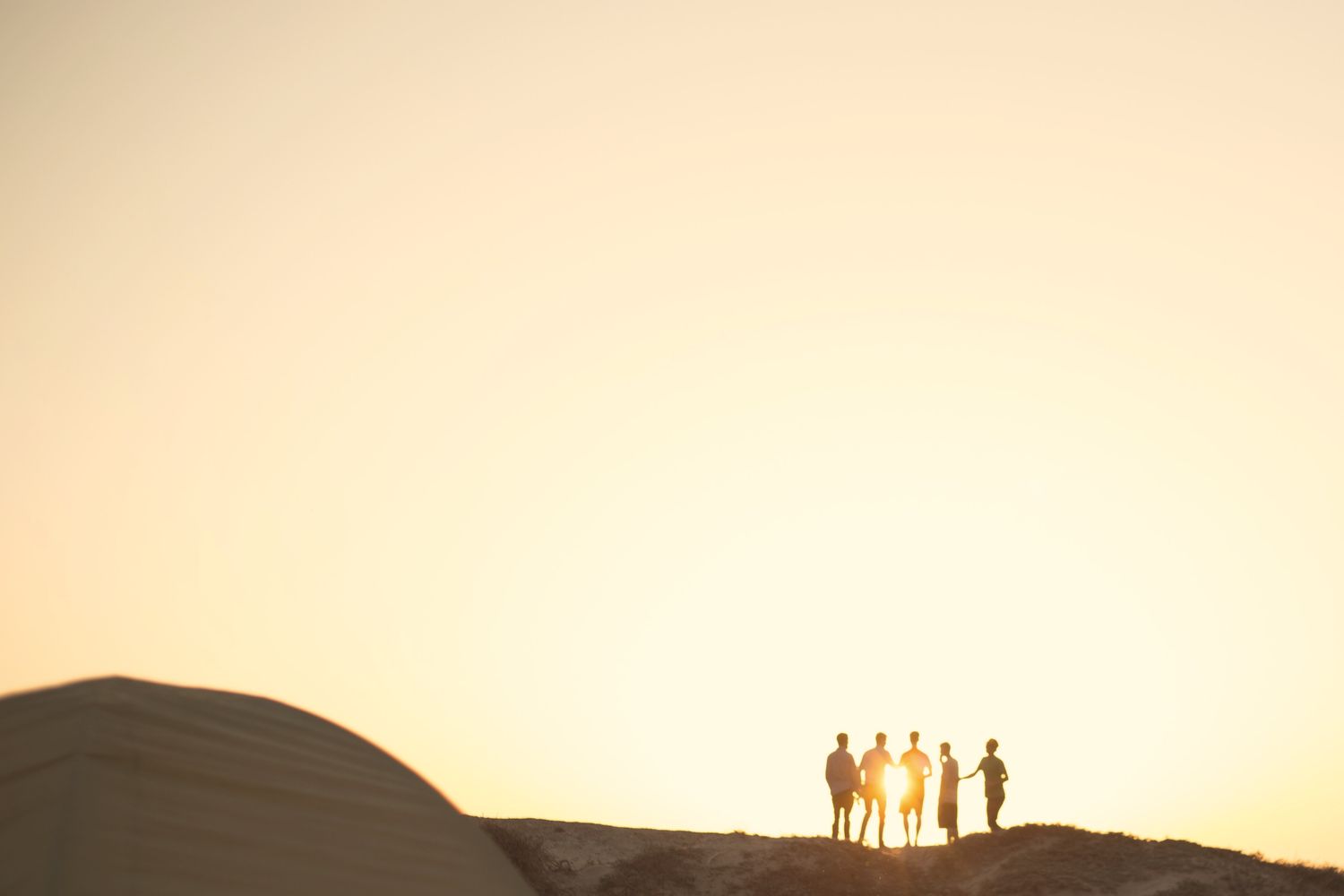 Five friends silhouetted on a sand dune against a bright evening sky.